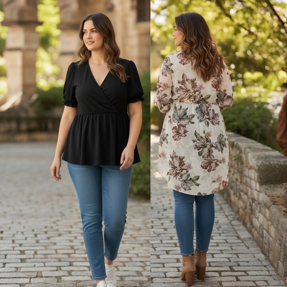 Torrid‎ 1X Bundle – Floral High‑Low Tunic Top + Black Ribbed Puff Sleeve Top